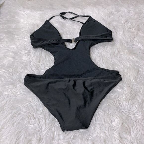 ONE PIECE swimsuit plunging Vneck ruffles tie at neck back strap sz L - Picture 4 of 8